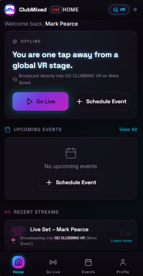 ClubMixed Live Android app showing Go Live and Schedule Event controls